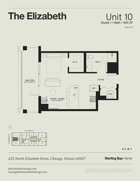 Floor plan for studio, 1 bath, 505 sqft